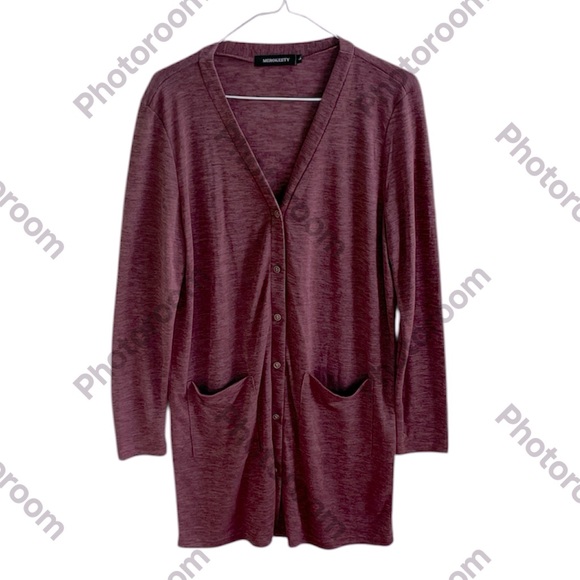 MEROKEETY WOMENS LONG MAUVE BUTTON DOWN CARDIGAN WITH POCKETS SIZE LARGE - Picture 1 of 7